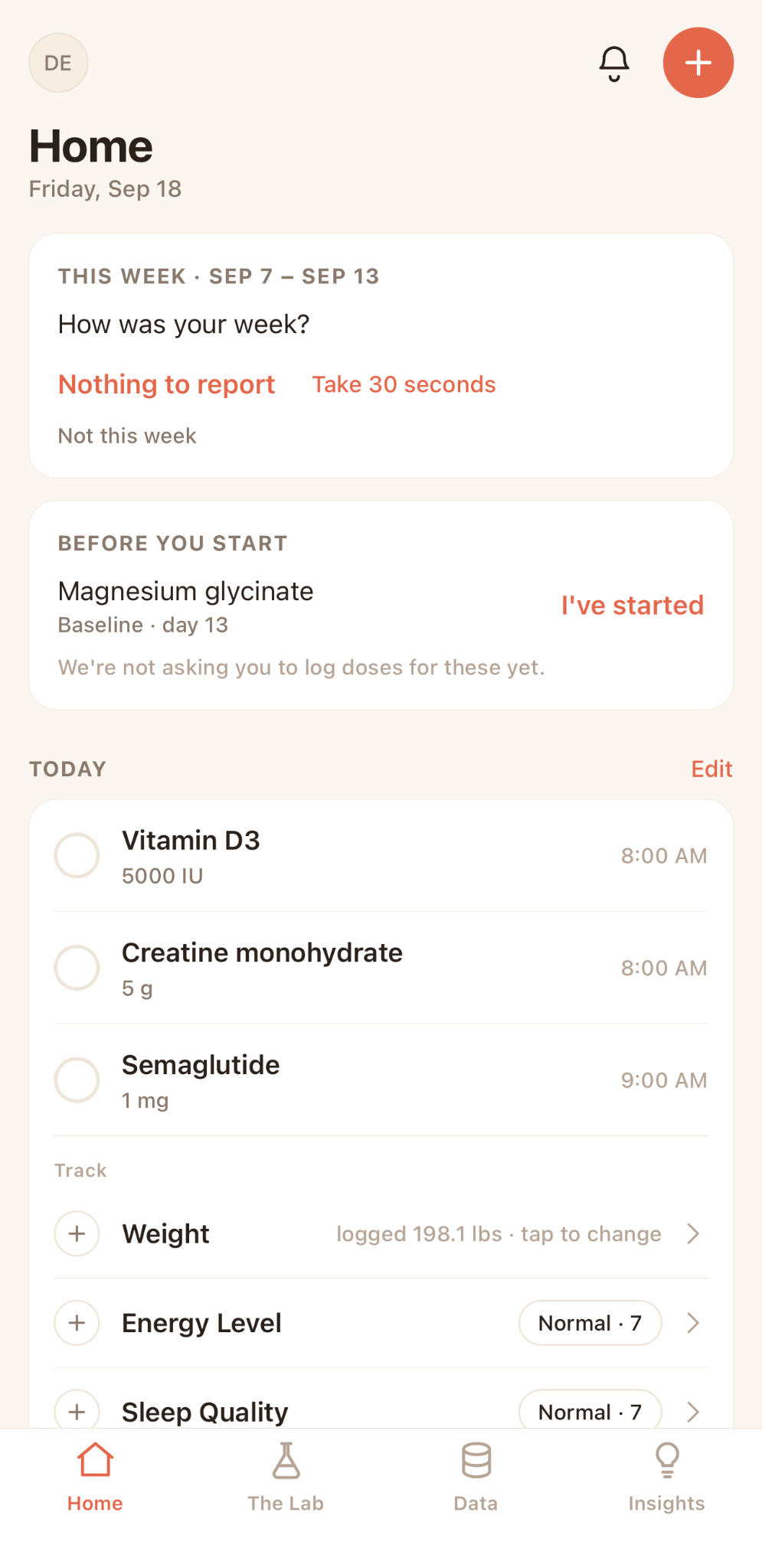 N-of-1 Health Home screen